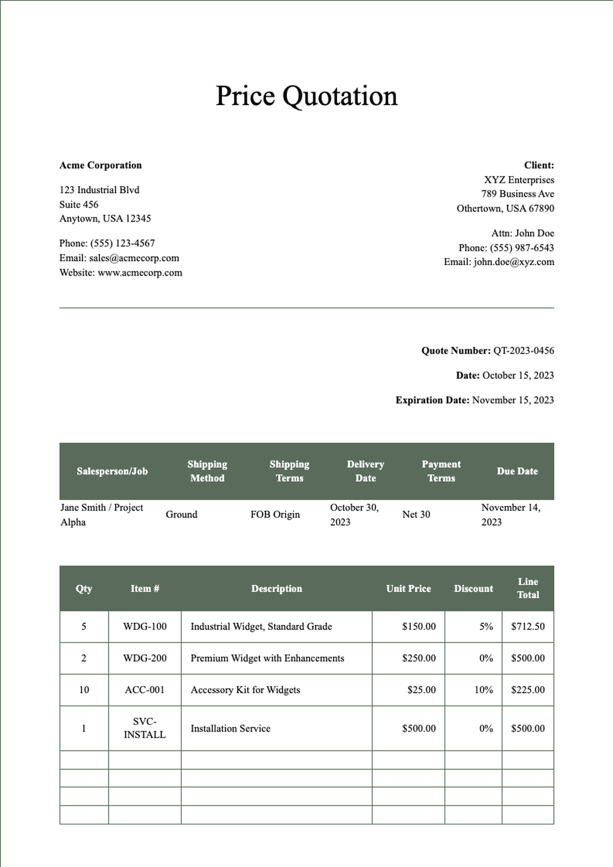 Professional price quote template with itemized table and company branding space_variant_2